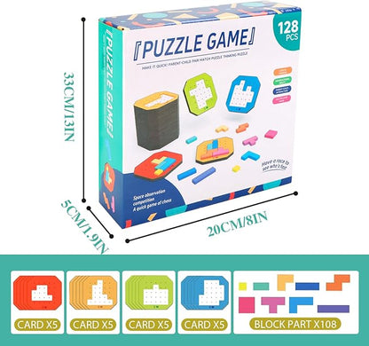 Block Jigsaw Puzzle Games, 128 Pcs Colorful 3D Creative Desktop Wooden Puzzle Game Kids Tangram Math Toys Building Blocks Board, Montessori Puzzle Toys for Kids, Tangram Toy Educational Toys