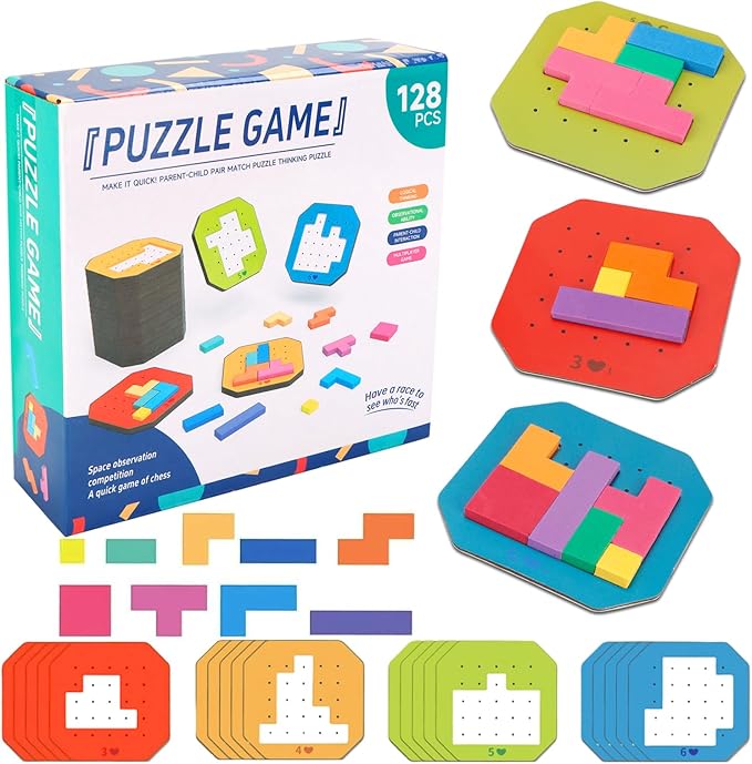 Block Jigsaw Puzzle Games, 128 Pcs Colorful 3D Creative Desktop Wooden Puzzle Game Kids Tangram Math Toys Building Blocks Board, Montessori Puzzle Toys for Kids, Tangram Toy Educational Toys