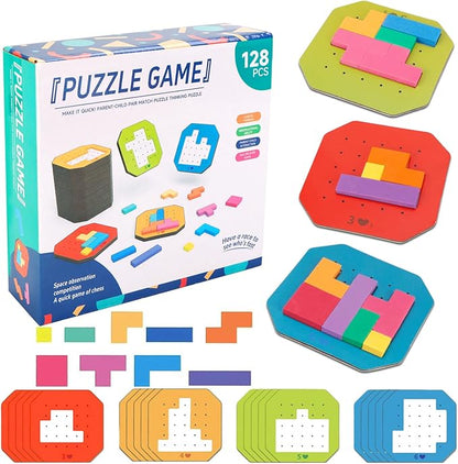 Block Jigsaw Puzzle Games, 128 Pcs Colorful 3D Creative Desktop Wooden Puzzle Game Kids Tangram Math Toys Building Blocks Board, Montessori Puzzle Toys for Kids, Tangram Toy Educational Toys