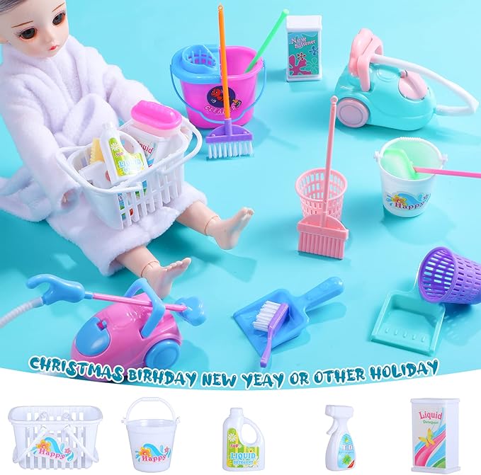 22 Pieces Miniature Bucket Doll Housework Cleaning Supplies Mini Dollhouse Accessories Mop Dustpan, Brush