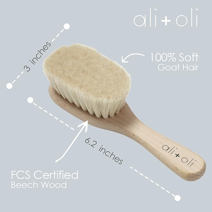 Ali+Oli Newborn Wooden Hair Brush- Baby Brush Set for Newborns- Baby Hair Brush with Mini Loofah- Infant Hair Brush, Cradle Cap, Wooden Baby Brush with Soft Goat Bristle