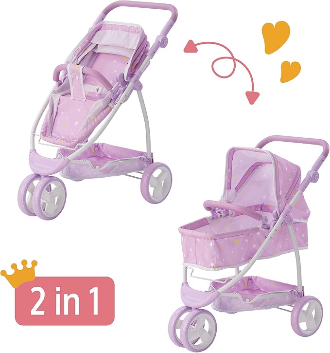 Olivia's Little World - Play Baby Doll Bassinet Stroller for Toddler, Baby Doll Pram Stroller Buggy for 3+ Year Old Girls 2-in-1 Baby