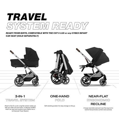 Cybex Balios S Lux Toddler and Baby Stroller with Reversible Seat, Unique One-Pull Harness, and Multiple Recline - Travel System Ready, with One Hand Fold, Silver Frame/Moon Black Seat