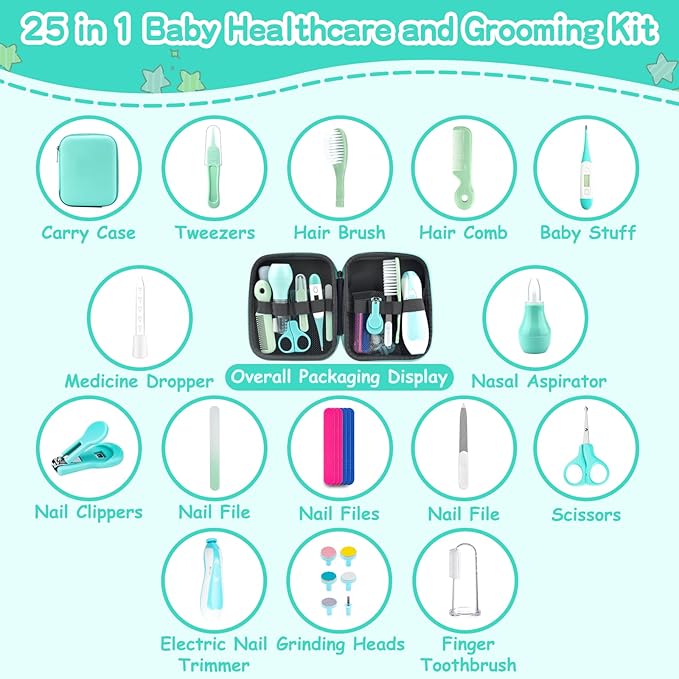 Baby Grooming Kit for Boys Girls Safety Newborn Nursery Essentials Grooming Set Gift for First-time Parents, Green 25 in 1