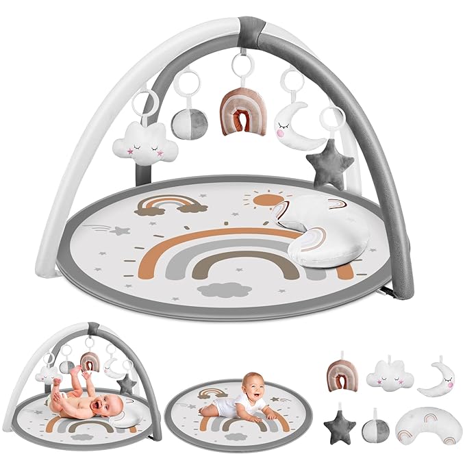 dearlomum Baby Play Gym Mat, Tummy Time Mat with 6 Detachable Toys for Stage-Based Sensory & Motor Skill All Development