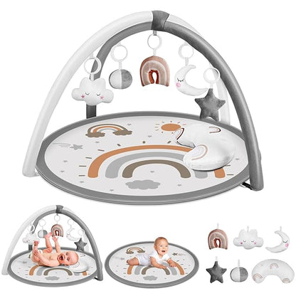 dearlomum Baby Play Gym Mat, Tummy Time Mat with 6 Detachable Toys for Stage-Based Sensory & Motor Skill All Development