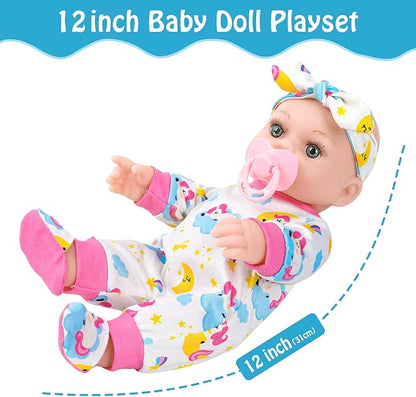 12 Inch Baby Doll With Soft Crib Bassinet Bed,Sleep Time 3+ Kids