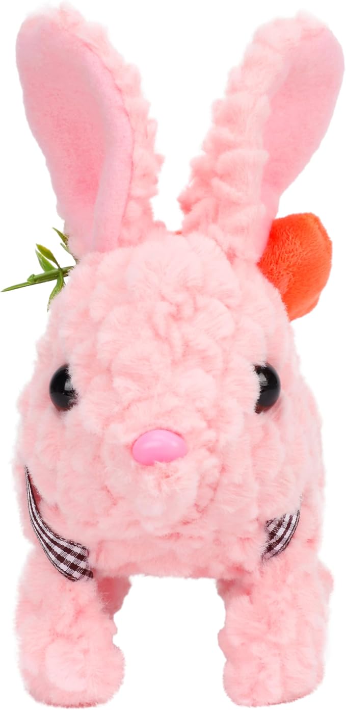 Hopearl Hopping Rabbit with LED Ears Carrot Backpack Interactive Plush Bunny Toy with Sounds Animated Walking Wiggle Light up Ears Twitch Nose Gift for Toddlers, Pink 7''
