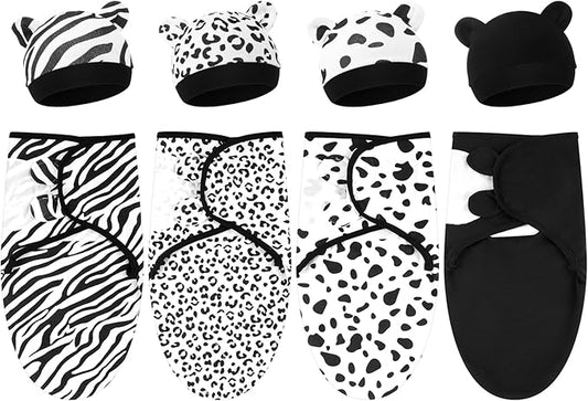 Buryeah 4 Pack Preemie Swaddle Blanket Wrap Set with Hat for Baby Boys Girls 3-7 Lbs Preemie Newborn Clothes Sleepers Cap