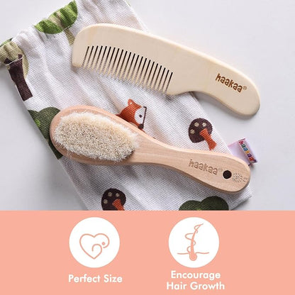 haakaa Baby Hair Brush and Comb Set for Newborns & Toddlers - Natural Soft Goat Bristles and Wooden Handle, Gently Grooms Baby's Hair, Ideal for Cradle Cap, Perfect Baby Gift, 2pk