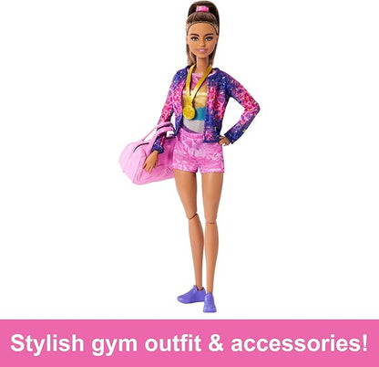 Barbie Careers Playset, Gymnastics Set with Brunette Gymnast Fashion Doll, C-Clip for Flipping Action, Balance Beam, Warm-Up Suit & Accessories