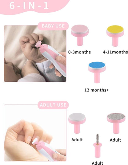 Baby Nail Trimmer Electric,Nail Clippers File for Baby No Sharp Claws Hurt, 6 in 1 with Light Safety Cutter for Newborn Infant Toddler Kids Toes and Fingernails Care
