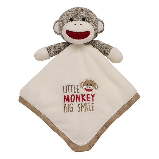 Baby Starters Plush 14 inch Snuggle Buddy with Embroidery and Satin, Sock Monkey Blanket and Toy