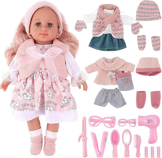 deAO Baby Doll Toys Girl Doll Dress-Up,Baby Doll Set with 3 Clothes and Accessories