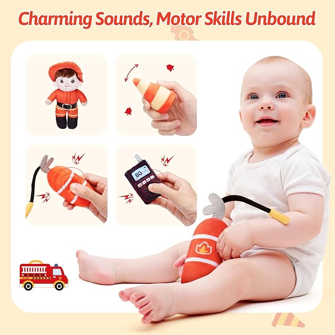 OUOZZZ Firetruck Toys for Toddlers 1-3 - Stuffed Toy Set with Baby Firefighter Doll - Fire Truck Plush Sensory Toy - First Birthday Gift fir Boys 2 Year Old Toys Montessori- Fire Toy for Babies