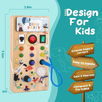 Dinosaur Light Switch Board - 8 LED Switches, Sensory Montessori 1+ Year