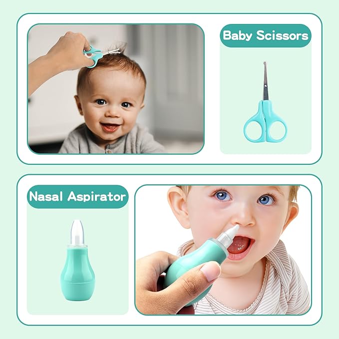 Baby Healthcare and Grooming Kit with Nail Clippers, Scissors (18 in 1, Green)