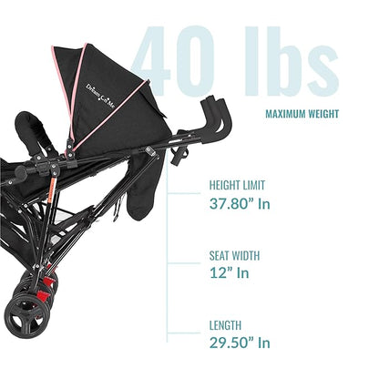 Dream On Me Volgo Twin Umbrella Stroller in Pink, Lightweight Double Stroller for Infant & Toddler, Compact Easy Fold, Large Storage Basket, Large and Adjustable Canopy