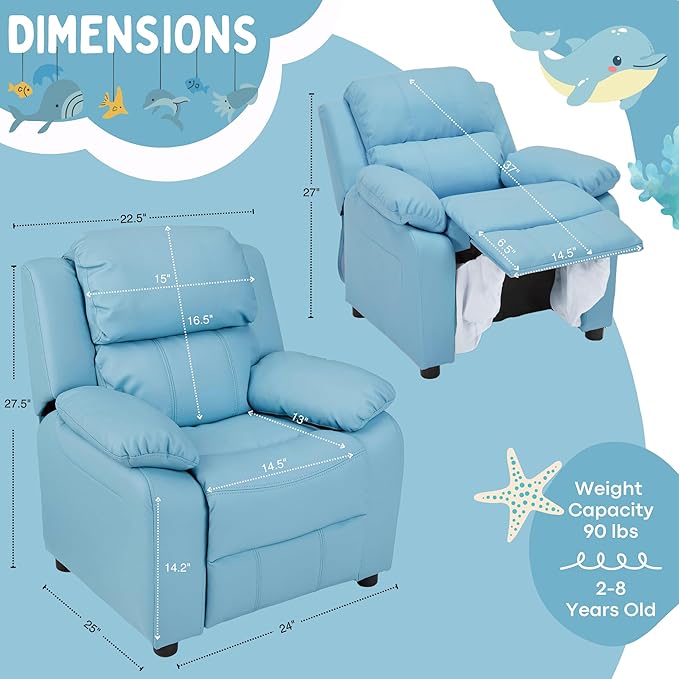 JC Home Macaron Kids Reclining Chair Leather Recliner Sofa Toddler Youth Children Child Ages 2-8