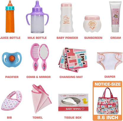 14 Pack Baby Doll Accessories, Baby Doll Feeding and Caring Set includes Diaper Bag
