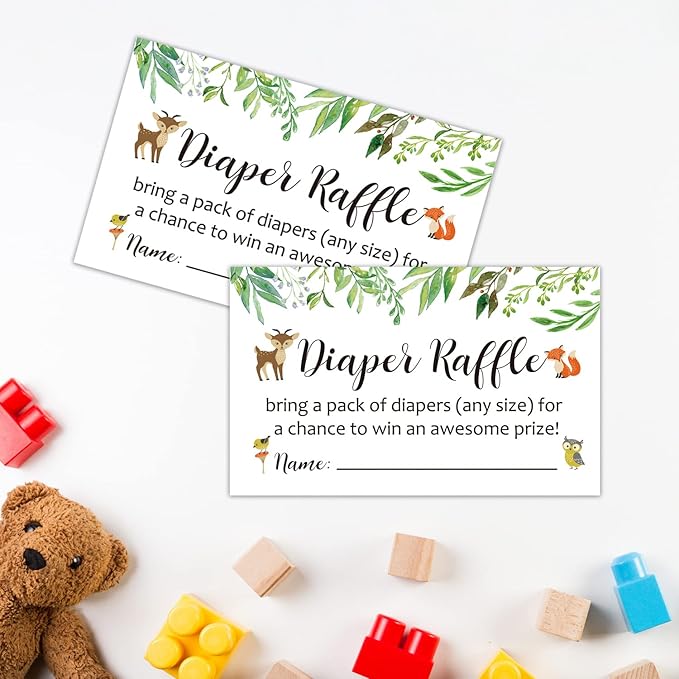 Diaper Raffle Tickets Woodland Baby Shower Game Invitations Insert for Boy Girl, Bring a Pack of Diapers to Win Favors 3.5" x 2", Pack 50