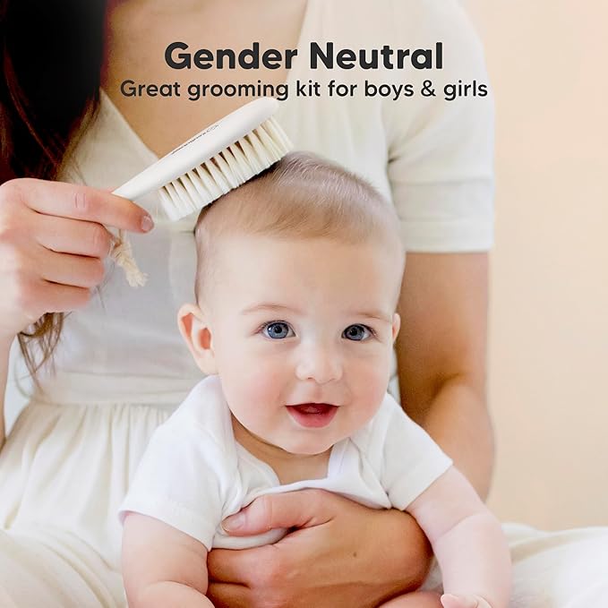 Baby Hair Brush and Comb Set for Newborn - Wooden Baby Hair Brush Set with Soft Goat Bristle, Baby Brush Set for Newborns, Baby Brush and Comb Set Girl, Boy, Toddler Cradle Cap Brush (Oval, Vanilla)