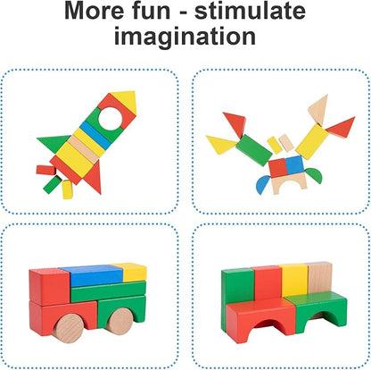 TOOKYLAND 100 Pieces Wooden Building Blocks, Shape Sorting Stacking Toy for Kids with Storage Bucket 1 2 3 Year