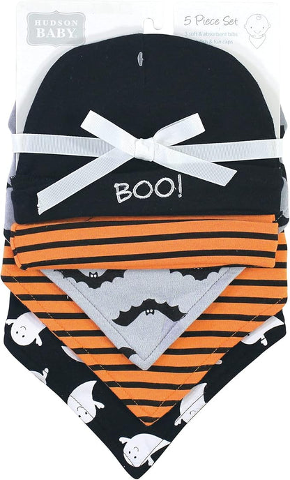 Hudson Baby Unisex BabyCotton Bib and Headband or Caps Set