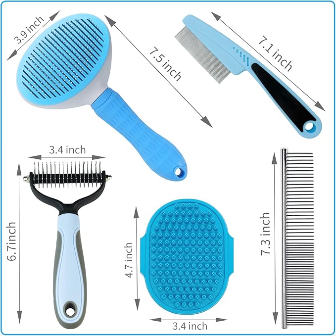 Dog Brush Dog Grooming Kit 5PCS - Dog Brushes for Grooming, Dog Brush for Shedding,Puppy Brush and Flea Comb for Dogs, Slicker Brush for Dogs Comb and Dog Hair Brush Set Blue