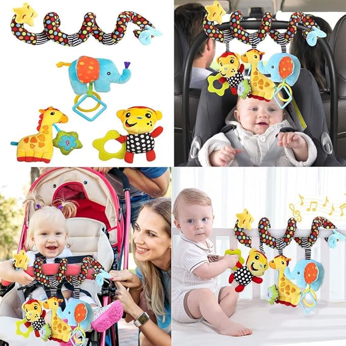Car Seat Toys, Stroller Toy Baby Spiral Hanging Toys for Sensory Exploration, 0-12 Months Newborn Toys for Car Seat Stroller Crib Bassinet Mobile with Music Box BB Squeaker Rattles