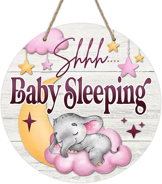Deroro Shhh Baby Sleeping Front Door Sign, Elephant Moon Pink Cloud Stars Wood Door Hanger Outdoor Porch Nursery Decor