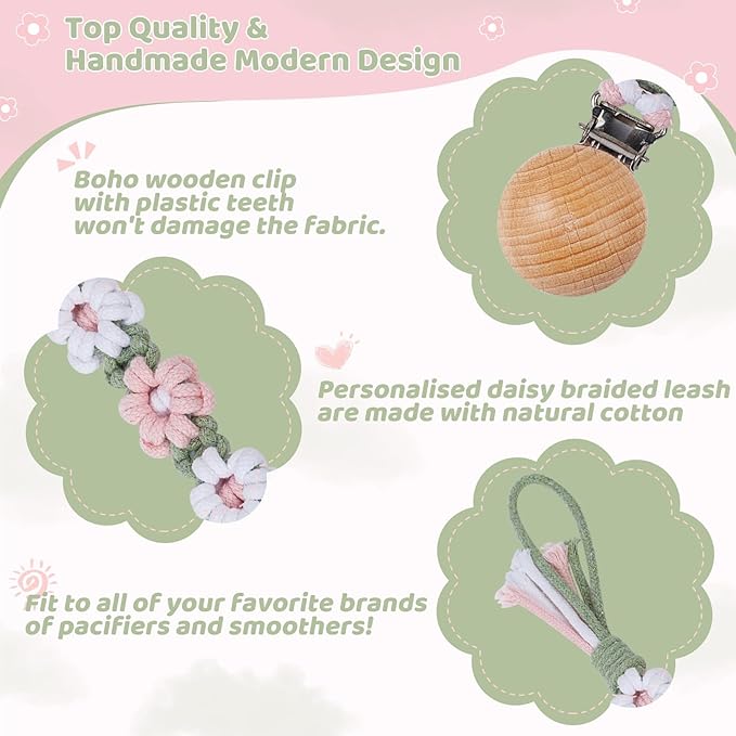 Pacifier Clip for Boys Girls Floral Daisy Macrame Baby Paci (1pack:Misty Rose)