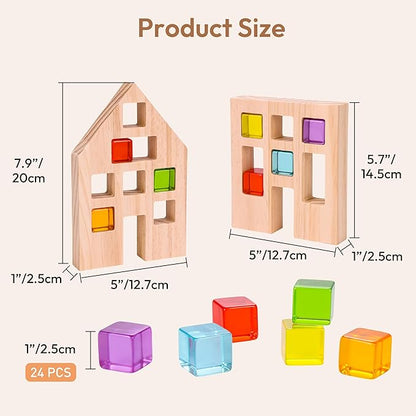 Wooden Building Blocks Set for Kids, 24 PCS Rainbow Gem Cubes Stacking Blocks - 2 Wood House 3-6