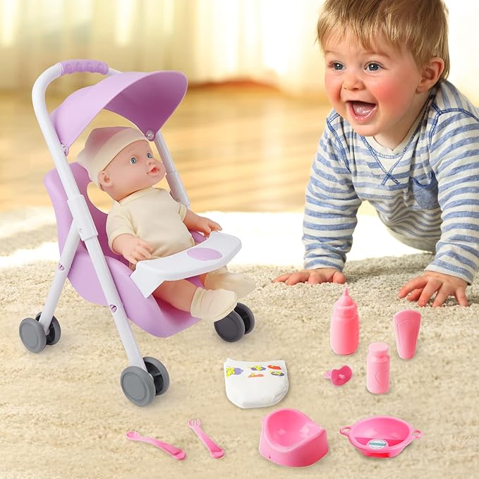 deAO Baby Doll Set Play Set includes Miniature Crib,Mobile High Chair Stroller 12PCS Baby 3+ Years
