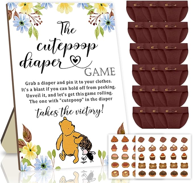 Azbuk Winnie Baby Shower Games Set - Wooden Baby Shower Sign with 50 Pcs Mini Felt Diapers Brown, Winnie The Cutepoop Diaper Baby Shower Game