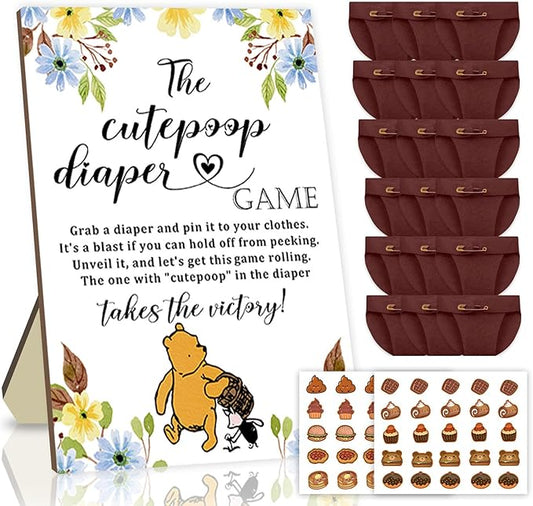 Azbuk Winnie Baby Shower Games Set - Wooden Baby Shower Sign with 50 Pcs Mini Felt Diapers Brown, Winnie The Cutepoop Diaper Baby Shower Game