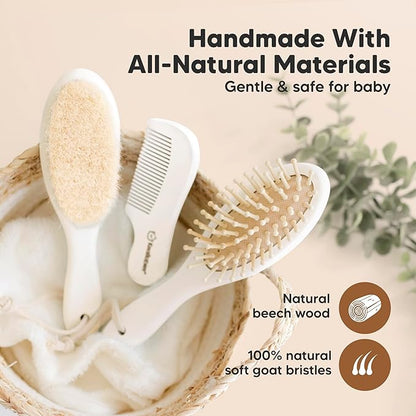 Baby Hair Brush and Comb Set for Newborn - Wooden Baby Hair Brush Set with Soft Goat Bristle, Baby Brush Set for Newborns, Baby Brush and Comb Set Girl, Boy, Toddler Cradle Cap Brush (Oval, Vanilla)