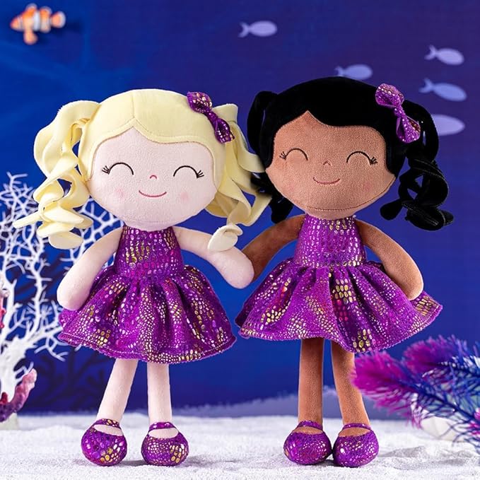 Gloveleya Soft Dolls Plush Figure Brown Skin Glitter Purple Dress 12inches