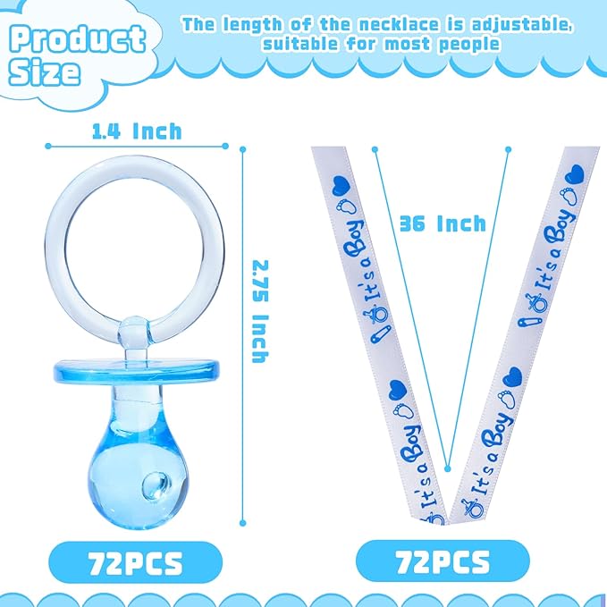72 Baby Shower Pacifiers Necklace, Acrylic Pacifier Necklace, Cute Pacifier Necklace for Baby Shower Boys Girls Party Favors Charm/Gender Reveal Party Table Scatter/Baby Shower Necklace Game(Blue)