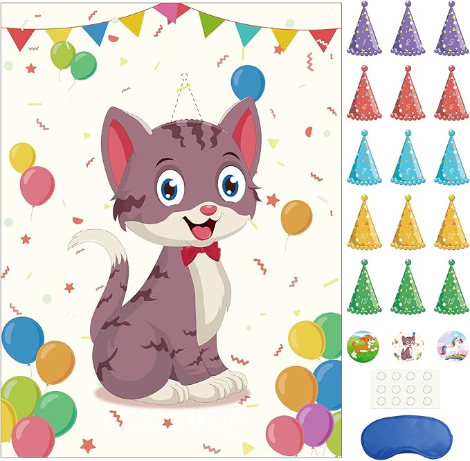 Morcheiong Pin The Tail on The Cat Birthday Party Game 48 Hats,