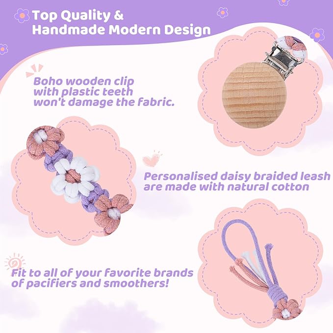 Pacifier Clip for Boys Girls Floral Daisy Macrame Baby Paci (2pack:Pink Daisy