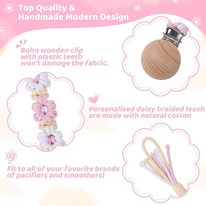 Pacifier Clip for Boys Girls Floral Daisy Macrame Baby Paci (1pack:Pink Daisy