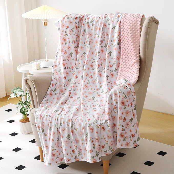 DaysU Silky Micro Soft Plush Baby Blankets for Girls with Print Floral Pattern and Soothing Raised Dots, Double Layer Bed Throws for Toddler Cot 50x60 Inches