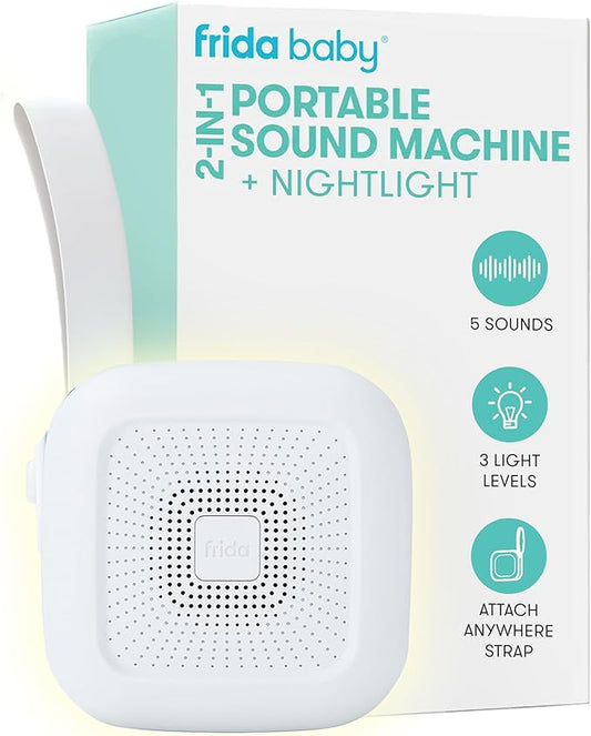 Frida Baby 2-in-1 Portable Sound Machine for Baby + Nightlight | White Noise Sound Machine for Baby with 5 Soothing Sounds & 3 Nightlight Modes | Travel Sound Machine Attaches to Strollers, Car Seats