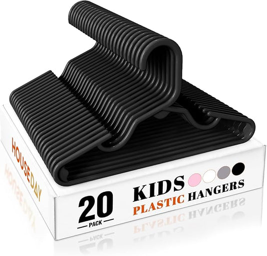 HOUSE DAY Premium Baby Hangers 20 Pack, 11 Inch Kids Plastic Hangers Black, Slim Childrens Hangers for Infant, Toddler, and Child Clothes, Durable Baby Clothes Hangers for Closet
