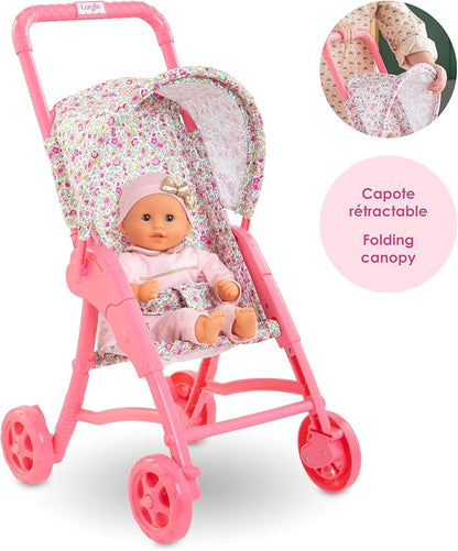 Corolle Baby Doll Stroller with Folding Canopy - Mon Premier Poupon Accessory Fits 12" Dolls, Pink/Floral Pattern 18 Months