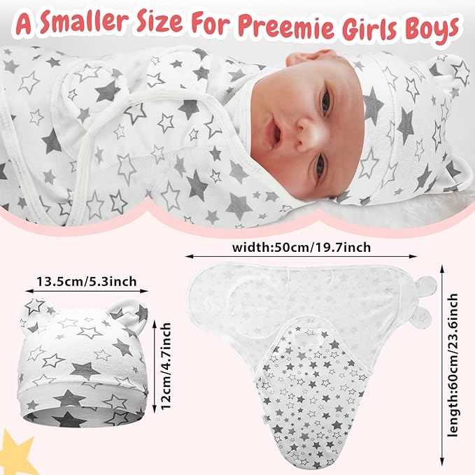 Buryeah 4 Pack Preemie Swaddle Blanket Wrap Set with Hat for Baby Boys Girls 3-7 Lbs Preemie Newborn Clothes Sleepers Cap