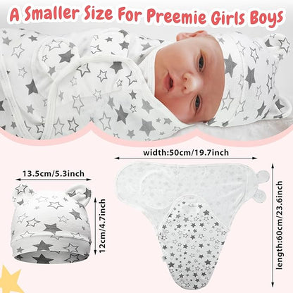 Buryeah 4 Pack Preemie Swaddle Blanket Wrap Set with Hat for Baby Boys Girls 3-7 Lbs Preemie Newborn Clothes Sleepers Cap