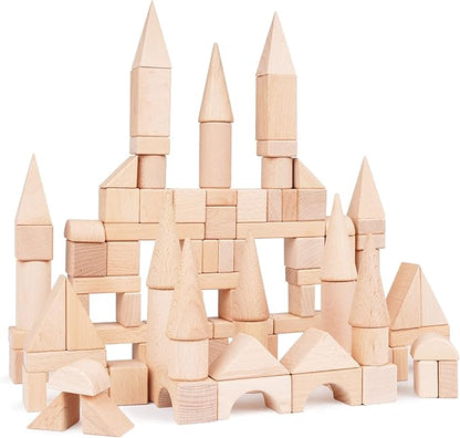 100Pcs Wooden Building Blocks Set- Wood Stacker Stacking Blocks Game Toys for Toddlers, Multiple Shapes