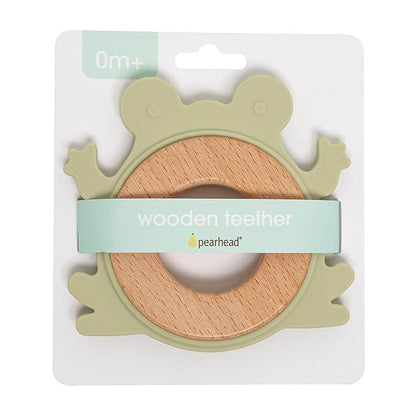 Pearhead Frog Wooden Baby Teether, Natural Wooden Teething Toy for Babies 0+ Months